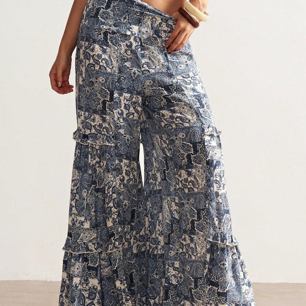 Blue Boho Women's Paisley Print Ruffled Wide Leg Pants - Picture 4 of 7